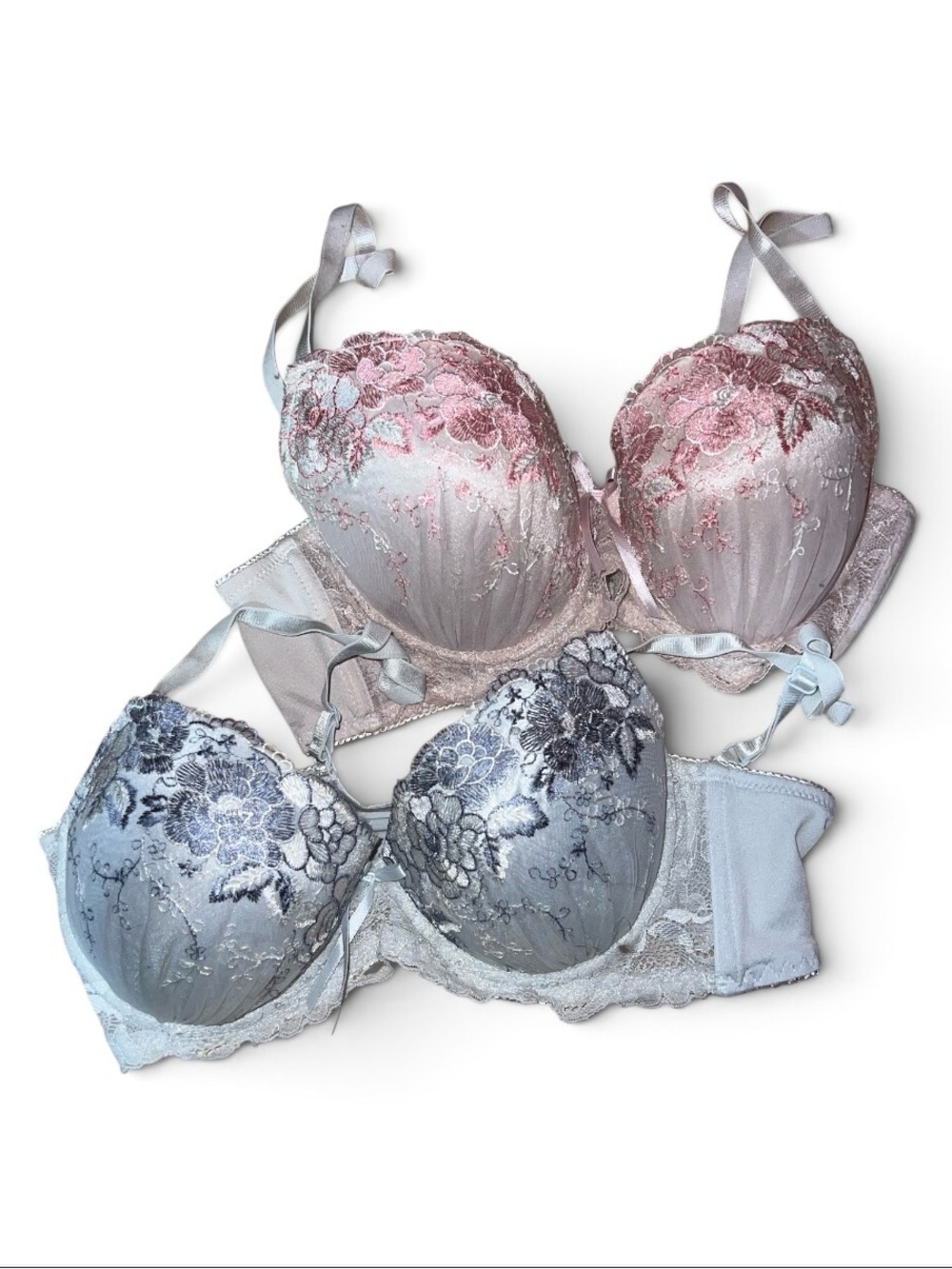 Pink and Light Blue Lace Embroidered Push-Up Bras